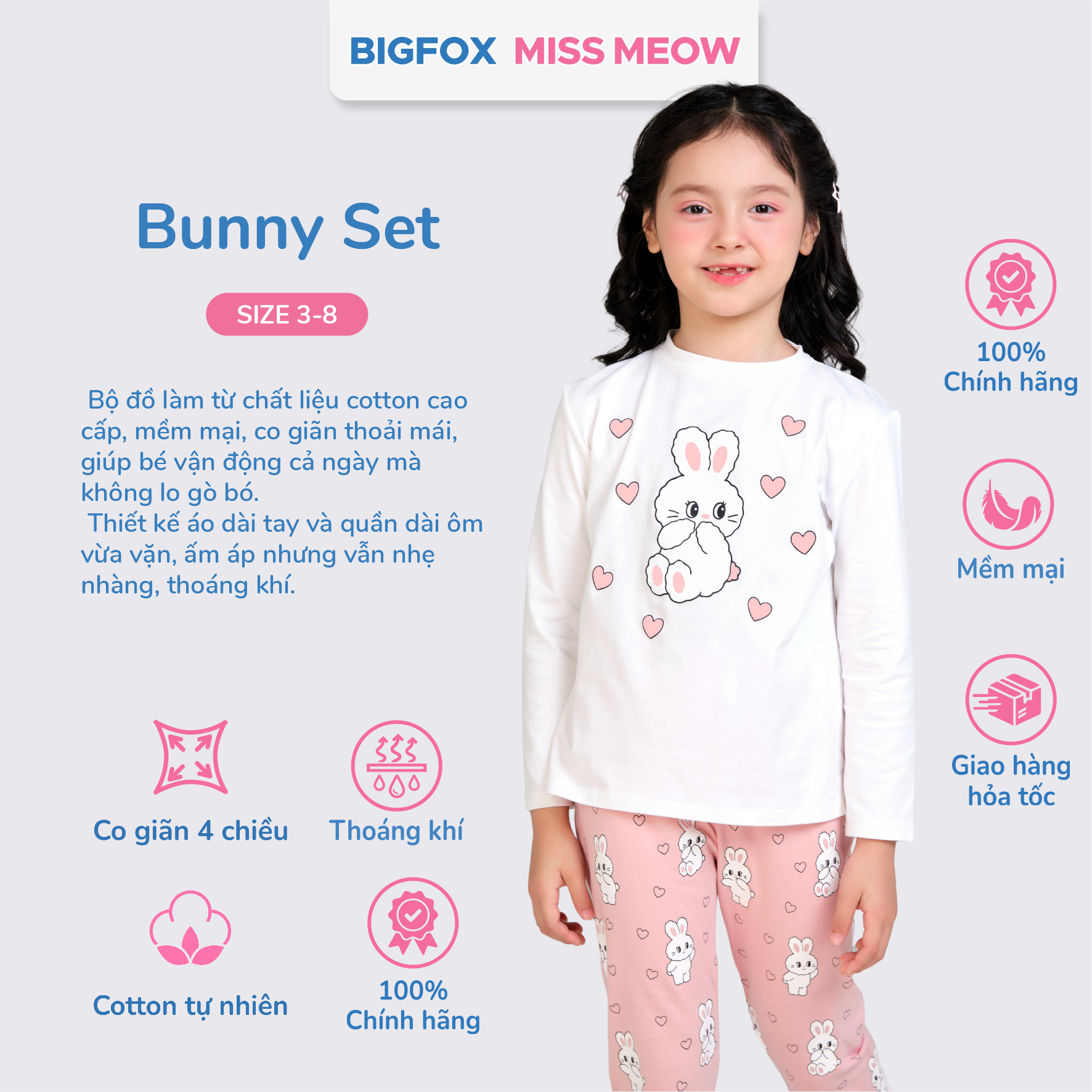 Bộ quần áo thu đông cho bé gái Bigfox Miss Meow size đại dài tay thun cotton mặc nhà 3-11 tuổi 30kg