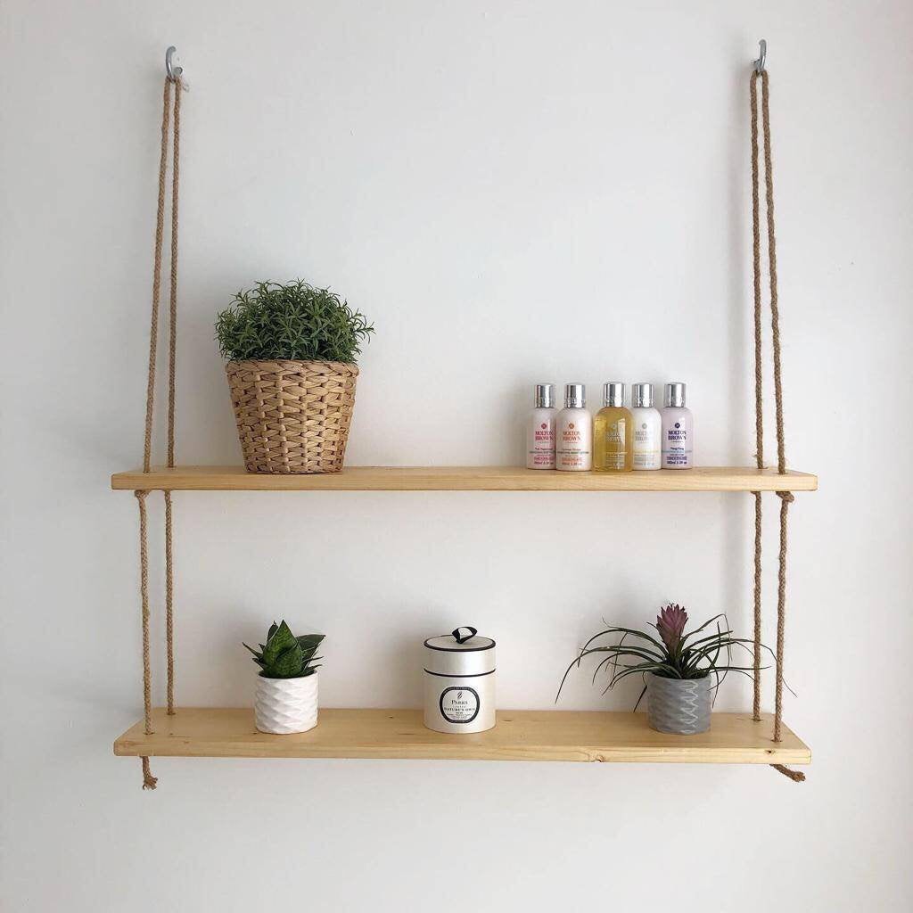 Kệ 2 Tầng Treo Tường Bằng Dây Trang Trí Gỗ Thông Tự Nhiên - Kích Thước DxR: 60x10cm