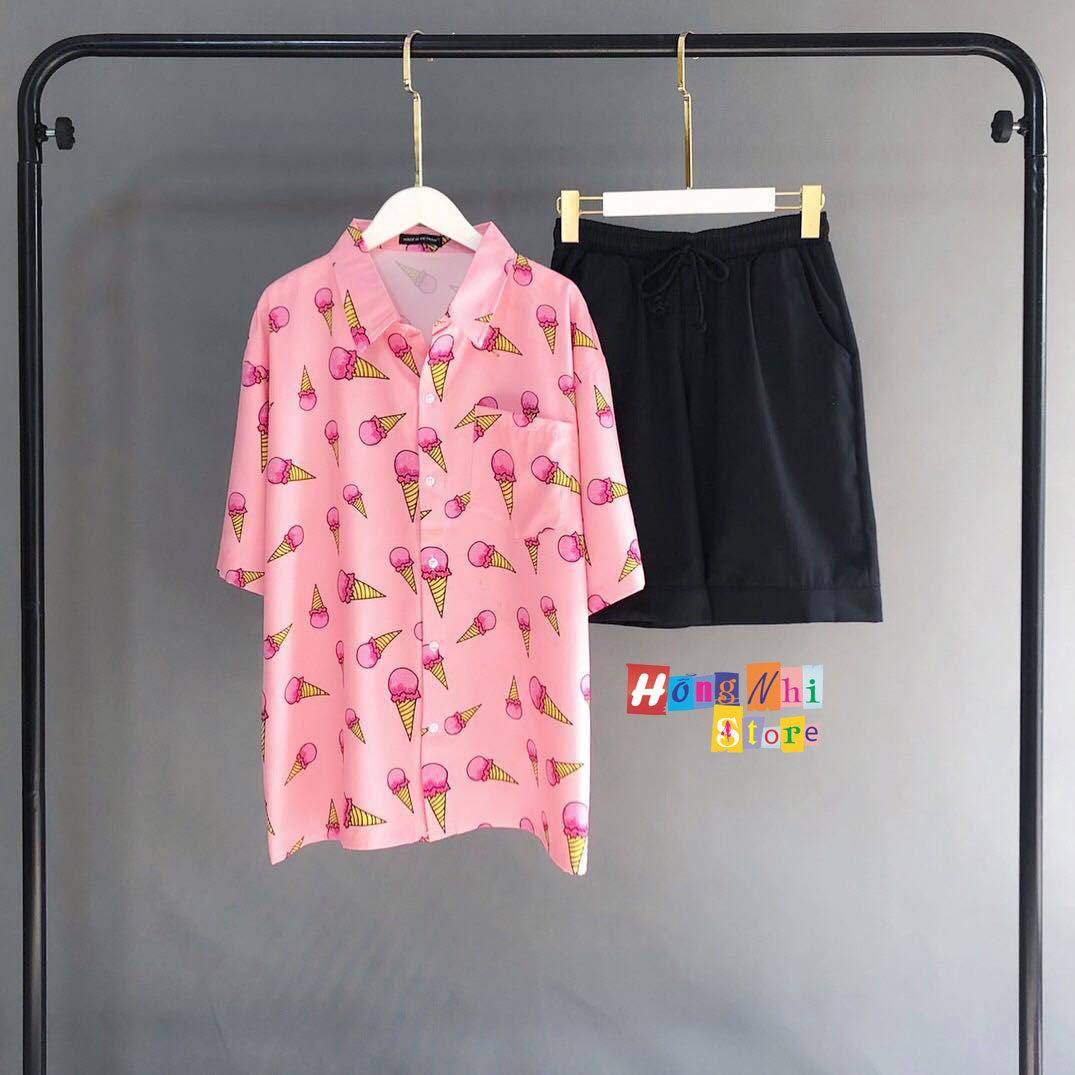 Áo Sơ Mi Hoạ Tiết Tay Lỡ Dáng Rộng, Sơ Mi Tay Lửng Unisex - MM