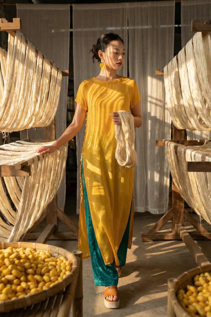 Áo Dài Cách Tân Kiêm Đầm Suông Lụa Vàng Dã Quỳ ADA015 thời trang thiết kế Hity