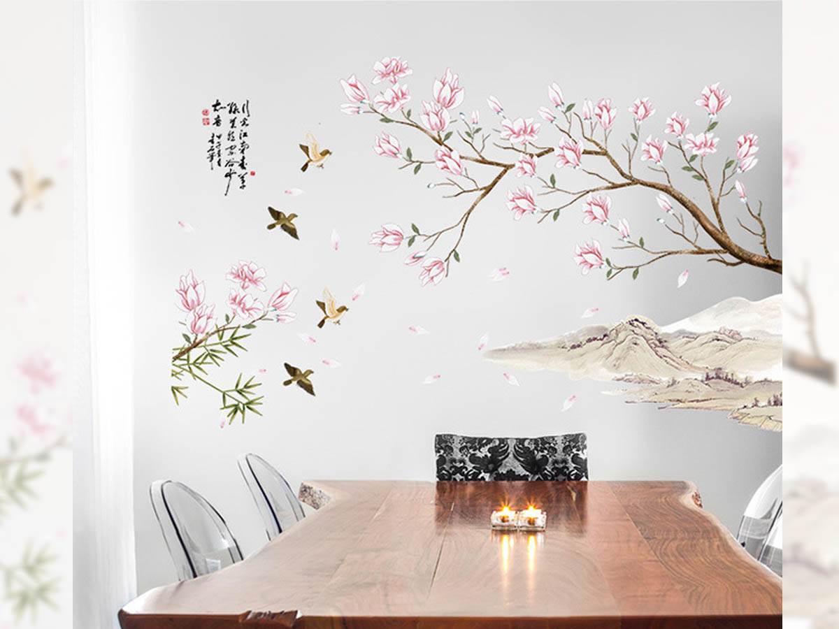 Decal trang trí tết- hoa đào phong thủy núi sông