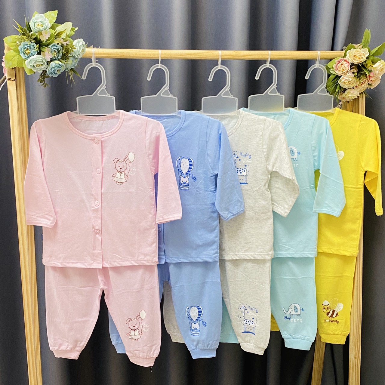 Combo 3 Bộ áo quần sơ sinh cotton Thái Hà Thịnh | Mẫu Tay Dài Cài Nút Giữa | Size 1,2,3,4,5 cho bé sơ sinh -12kg| Chất vải mềm, mịn, đẹp