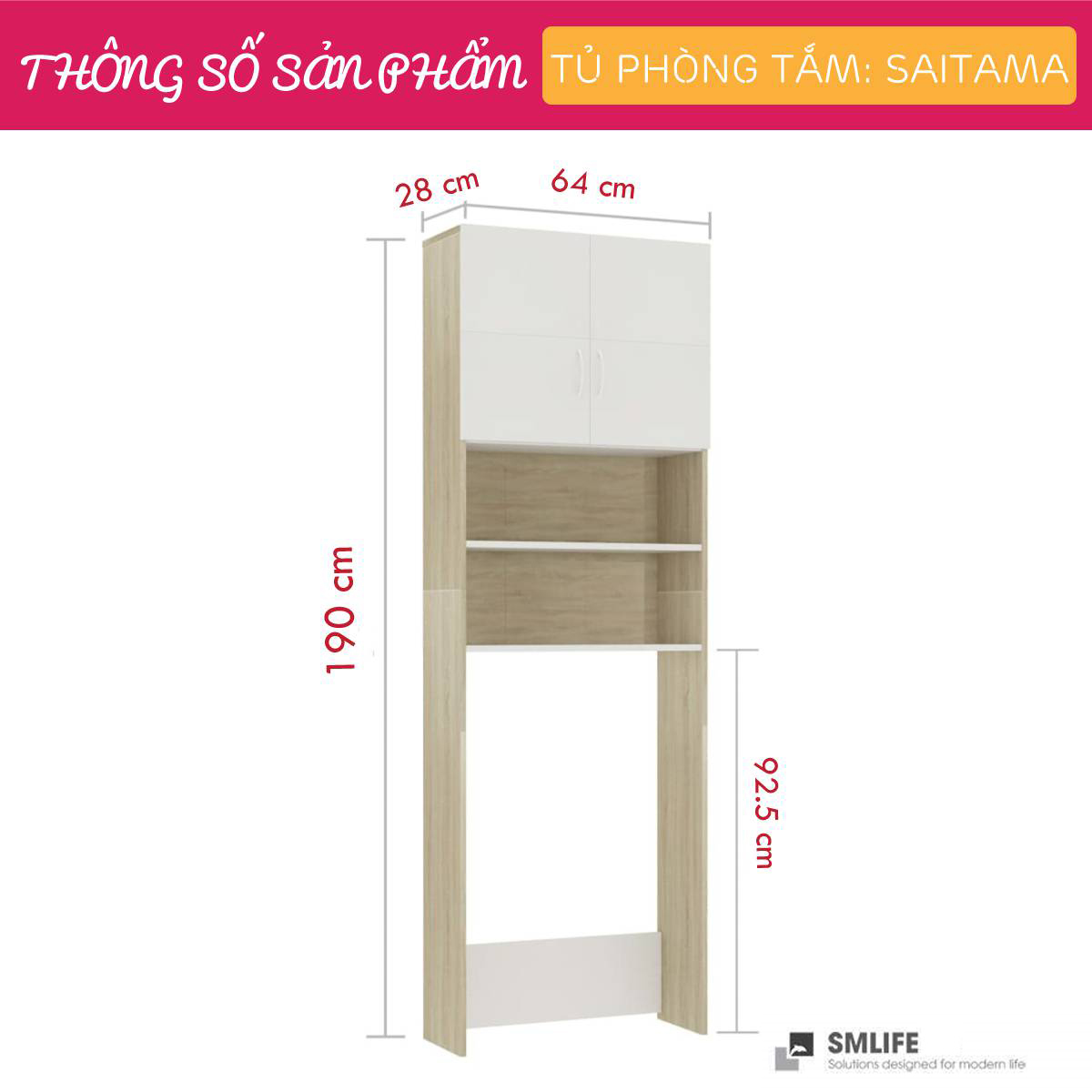 Tủ phòng tắm gỗ hiện đại SMLIFE Saitama | Gỗ MDF dày 17mm chống ẩm | D64xR28xC190cm
