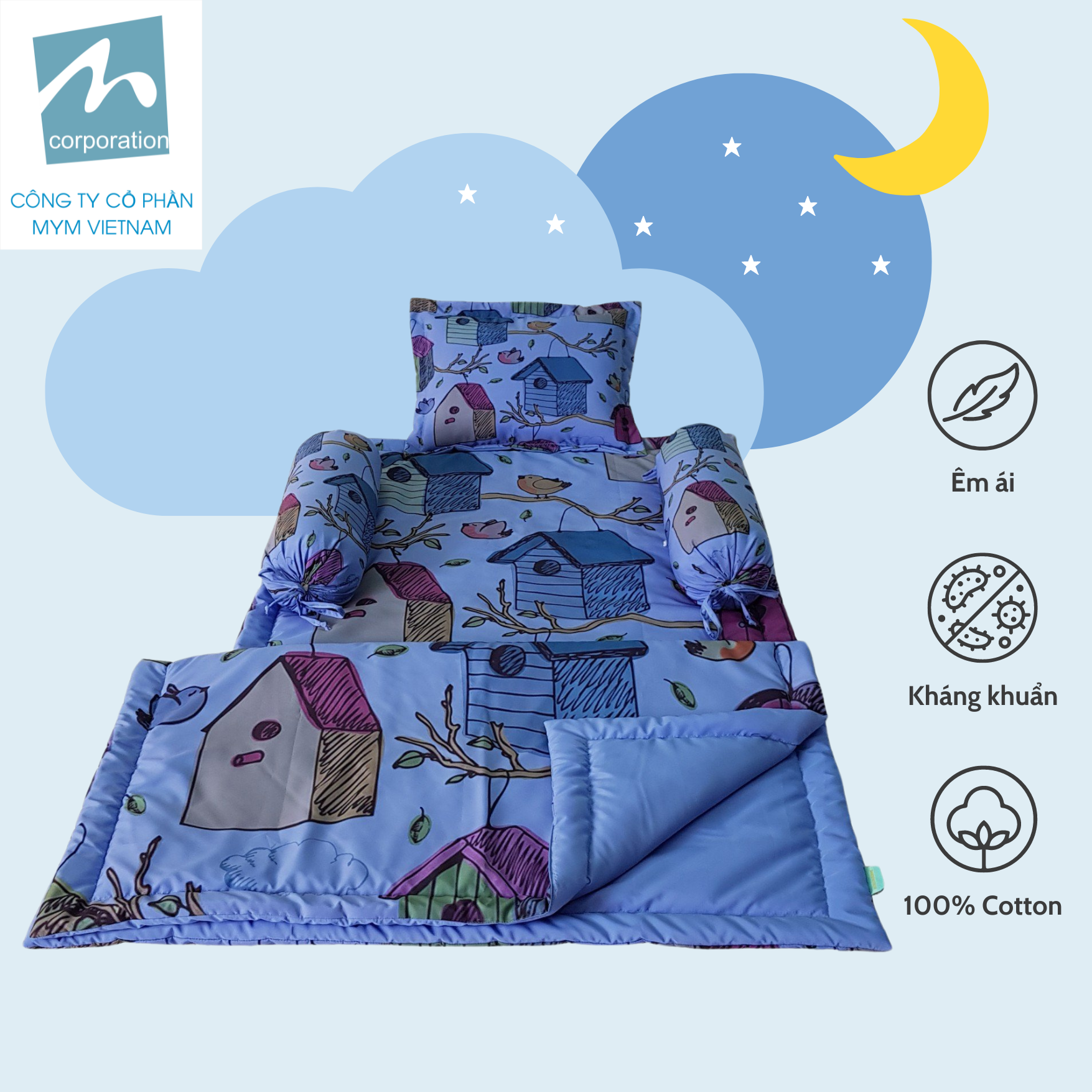 Bộ chăn gối nệm 5 chi tiết cho trẻ em MYM chất liệu vải Microfiber in hoạ tiết đáng yêu, mềm mại, thấm hút
