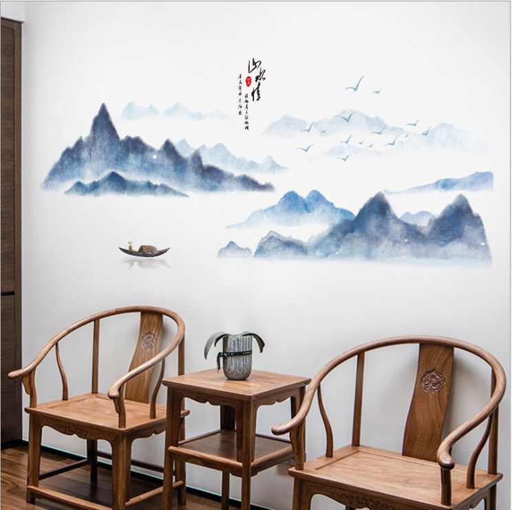 Decal dán tường tranh thủy mặc Sông núi bao la size lớn DKN149