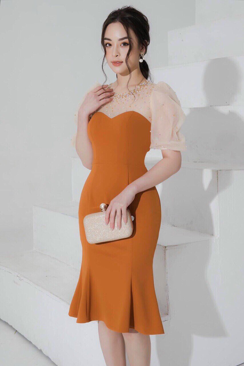 ĐẦM BODT THIẾT KẾ TAY VOAN SIÊU ĐẸP - NÂU - M