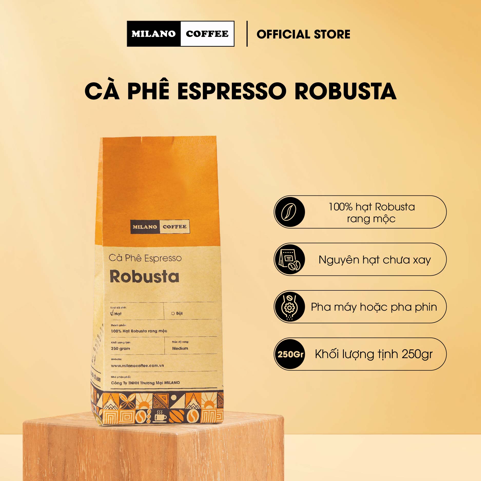 Cà phê 100% ROBUSTA rang mộc nguyên chất MILANO COFFEE - 250 gr