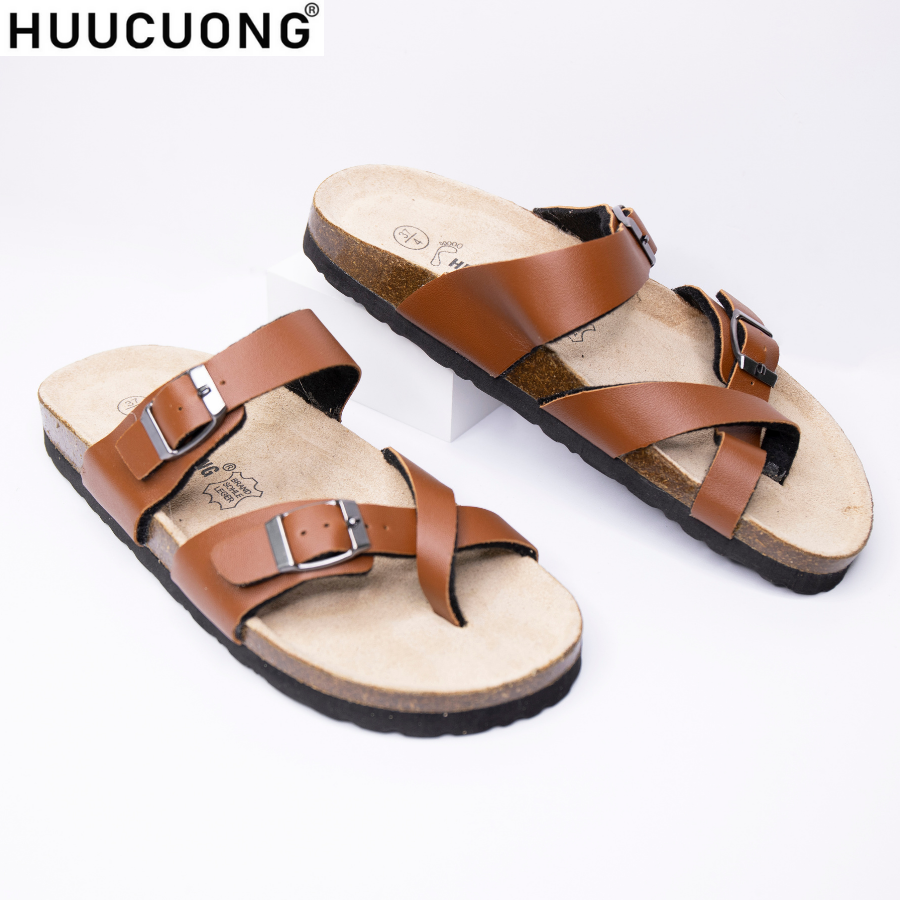 Dép unisex xỏ ngón da pu nâu handmade