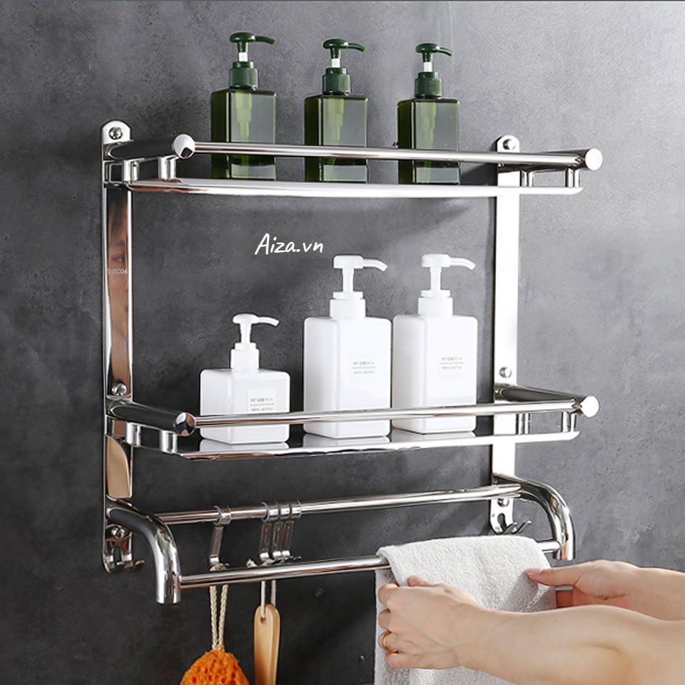 Kệ Ngang Dán Tường GIHOME Inox 304 2 Tầng Kèm Móc Di Động Treo Đồ