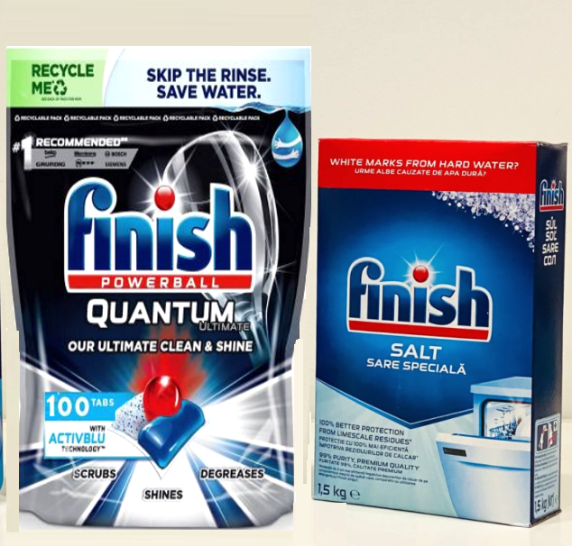 Combo viên rửa bát Finish quantum ultimate 100V + 1.5kg muối rửa bát finish chuyên dùng cho máy rửa bát