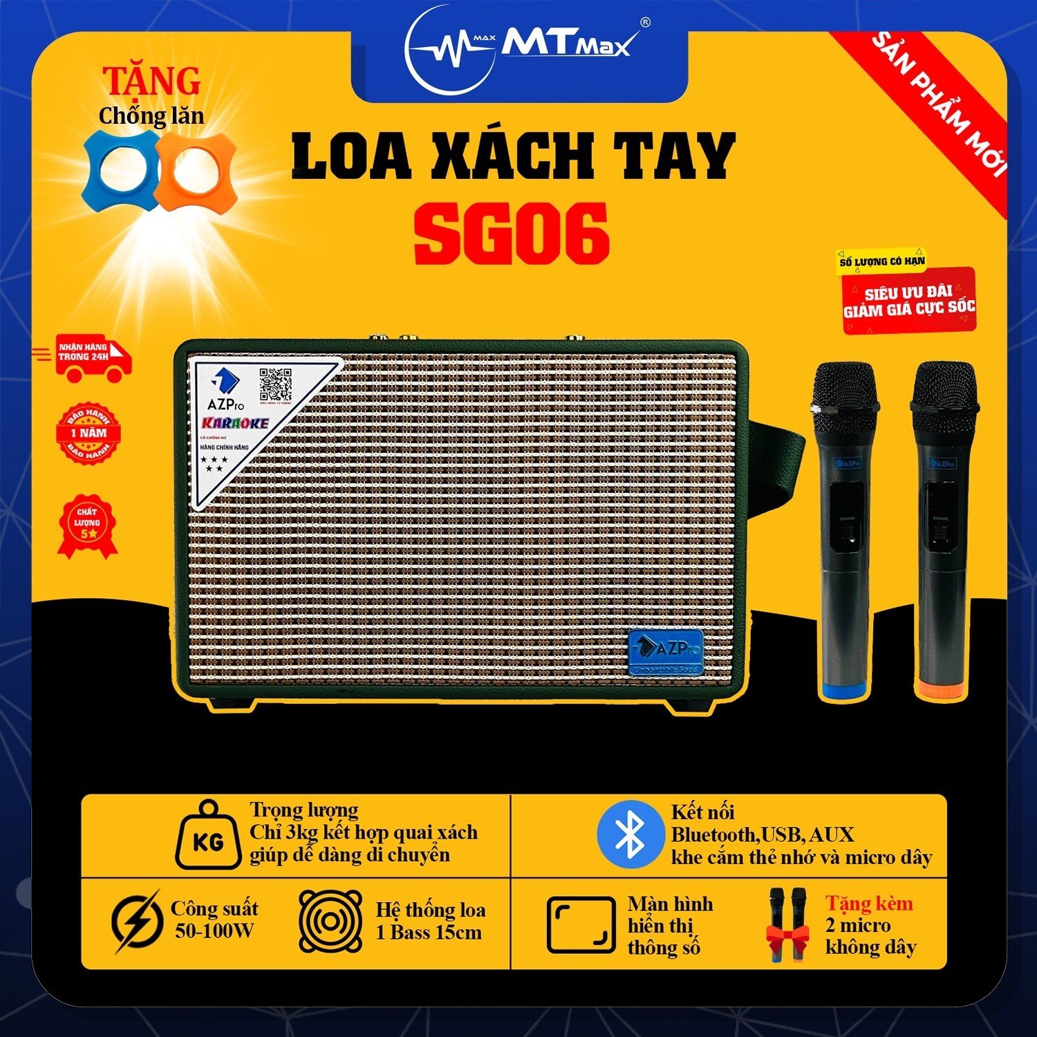Loa Xách Tay AZPro SG06 - Đỉnh Cao Âm Thanh Cao Cấp Giá Rẻ, Tặng Kèm 2 Micro Không Dây và Chống Lăn. Hàng chính hãng