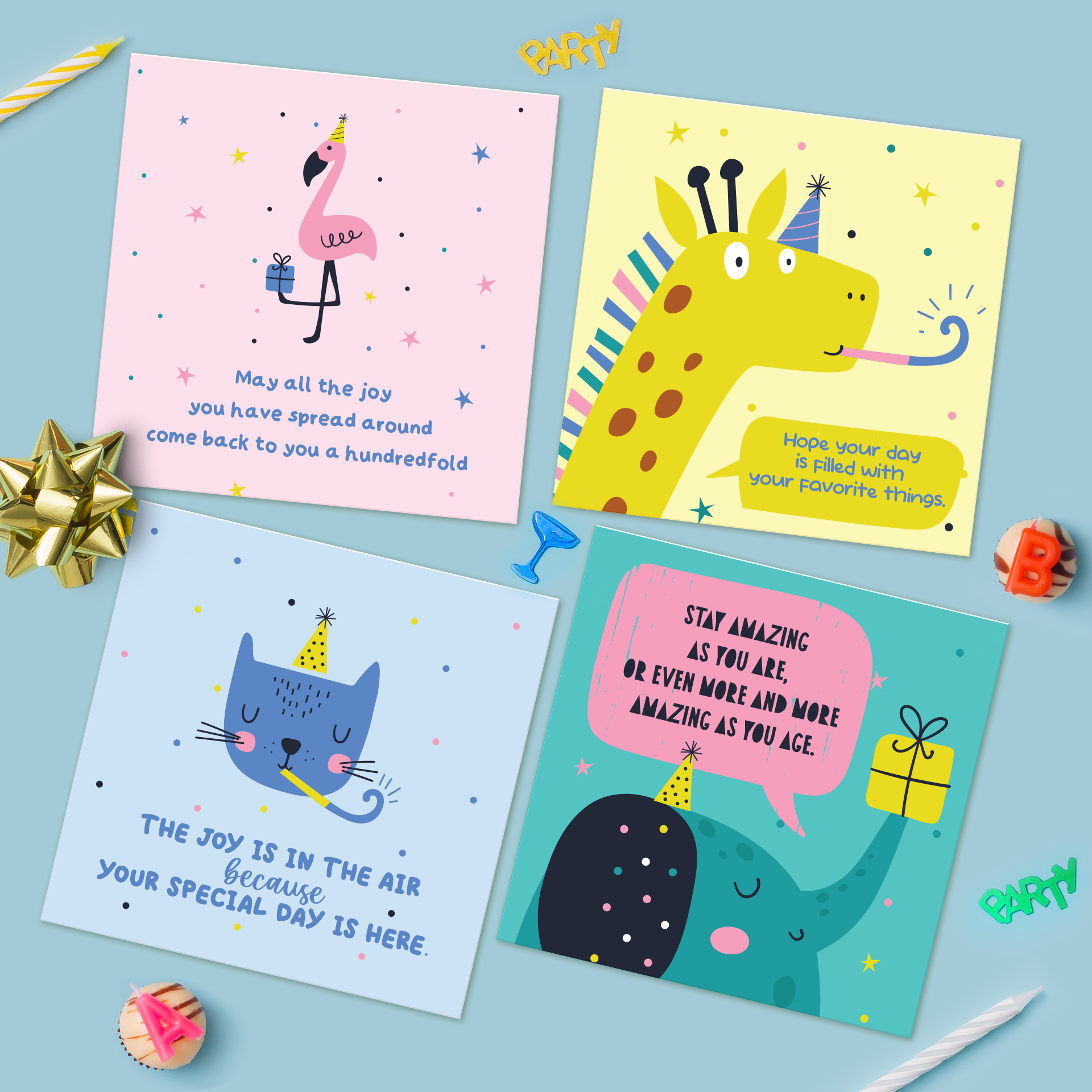 Set 4 thiệp chúc mừng sinh nhật SDstationery SAFARI 12x12 màu sắc rực rỡ minh họa vui nhộn trẻ trung