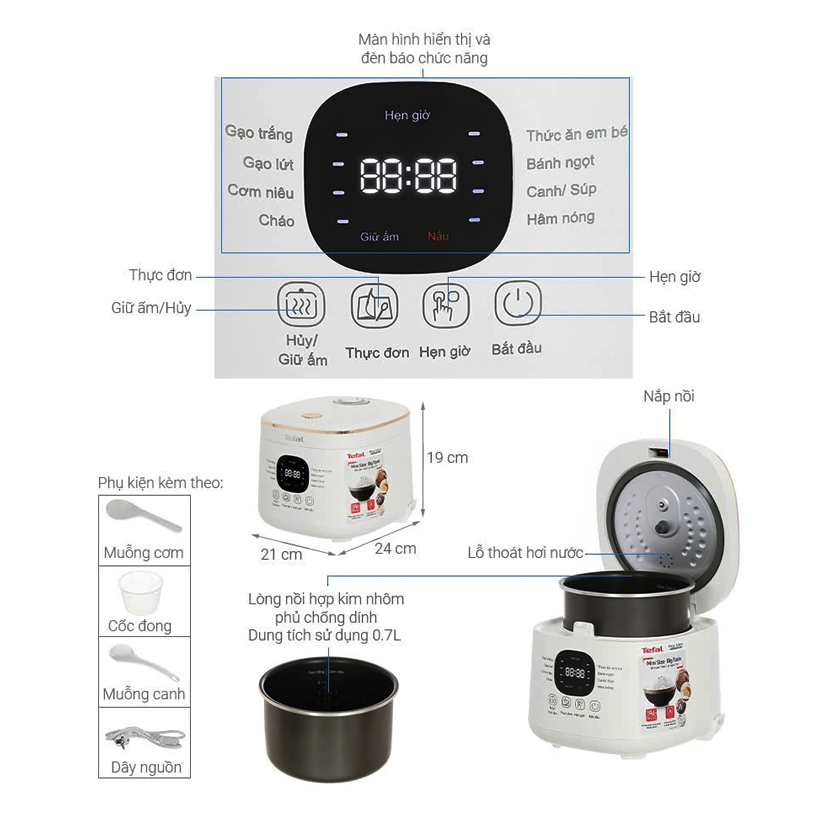 Nồi cơm điện tử mini Tefal 0.7 lít RK515168 - Hàng chính hãng