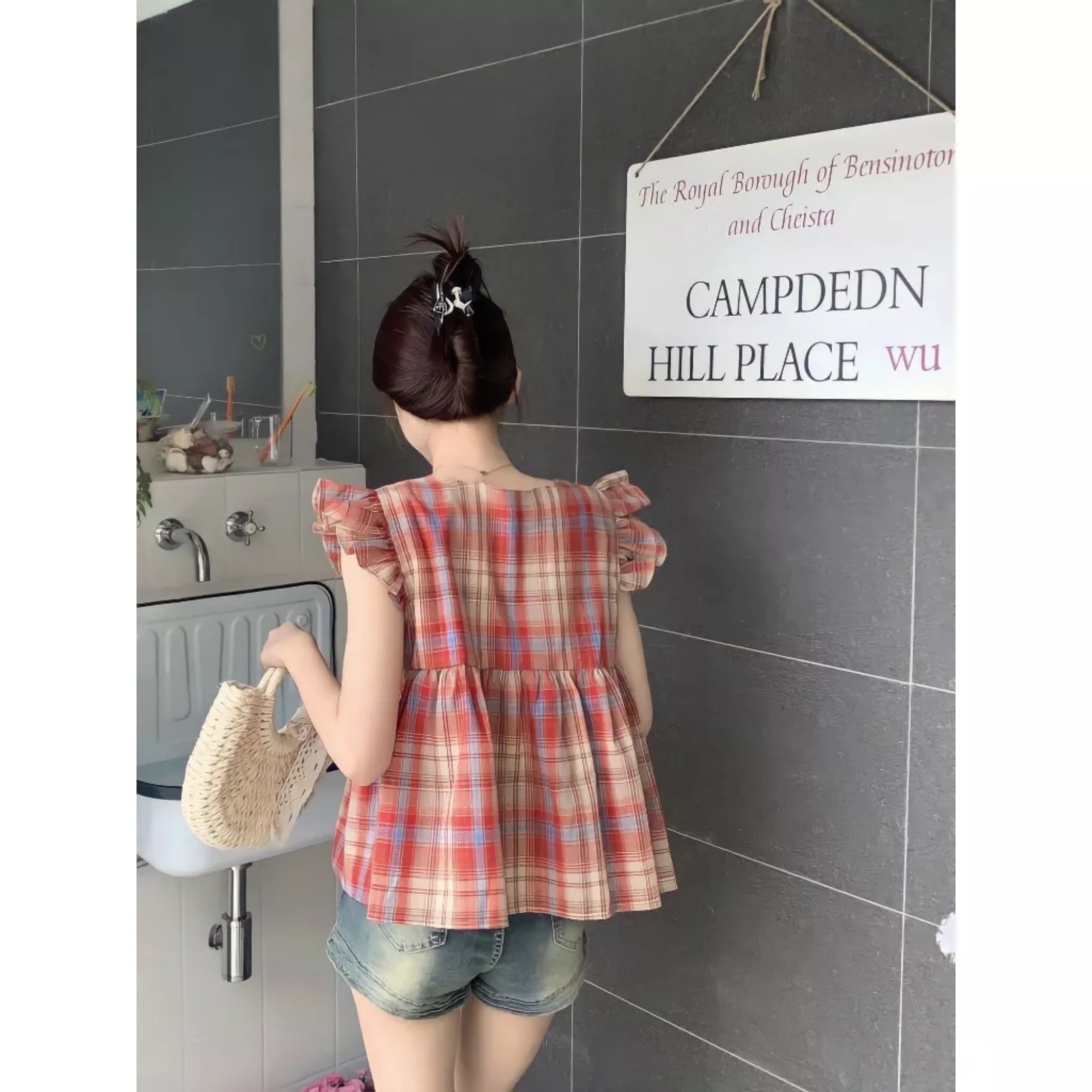 Áo Babydoll Cánh Tiên Cổ Vuông Nữ Kẻ Hàng Cúc Dáng Suông