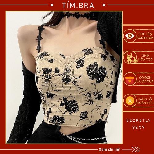 Áo 2 dây nữ hoa hồng có mút ngực sexy Tặng kèm choker, Áo croptop nữ nhún sau chất cotton mềm mịn M16