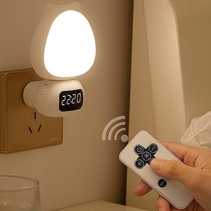 Đèn ngủ điều khiển từ xa bảo vệ mắt, tích hợp đồng hồ xem giờ với 3 chế độ sáng, điều chỉnh độ sáng 10 cấp độ, pin 300mA
