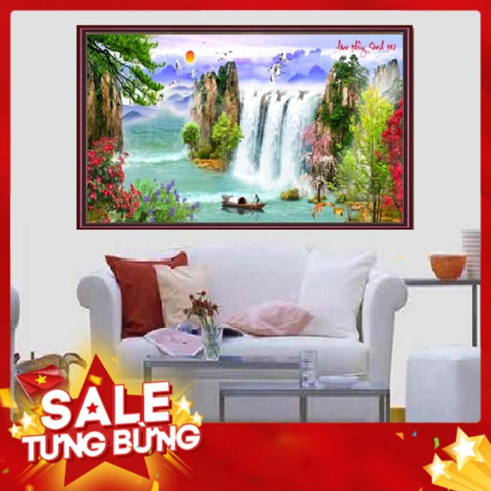 TRANH THÊU CHỮ THẬP PHONG CẢNH LƯU THỦY SINH TÀI KT 87*43CM TRANH CHƯA THÊU LV3168