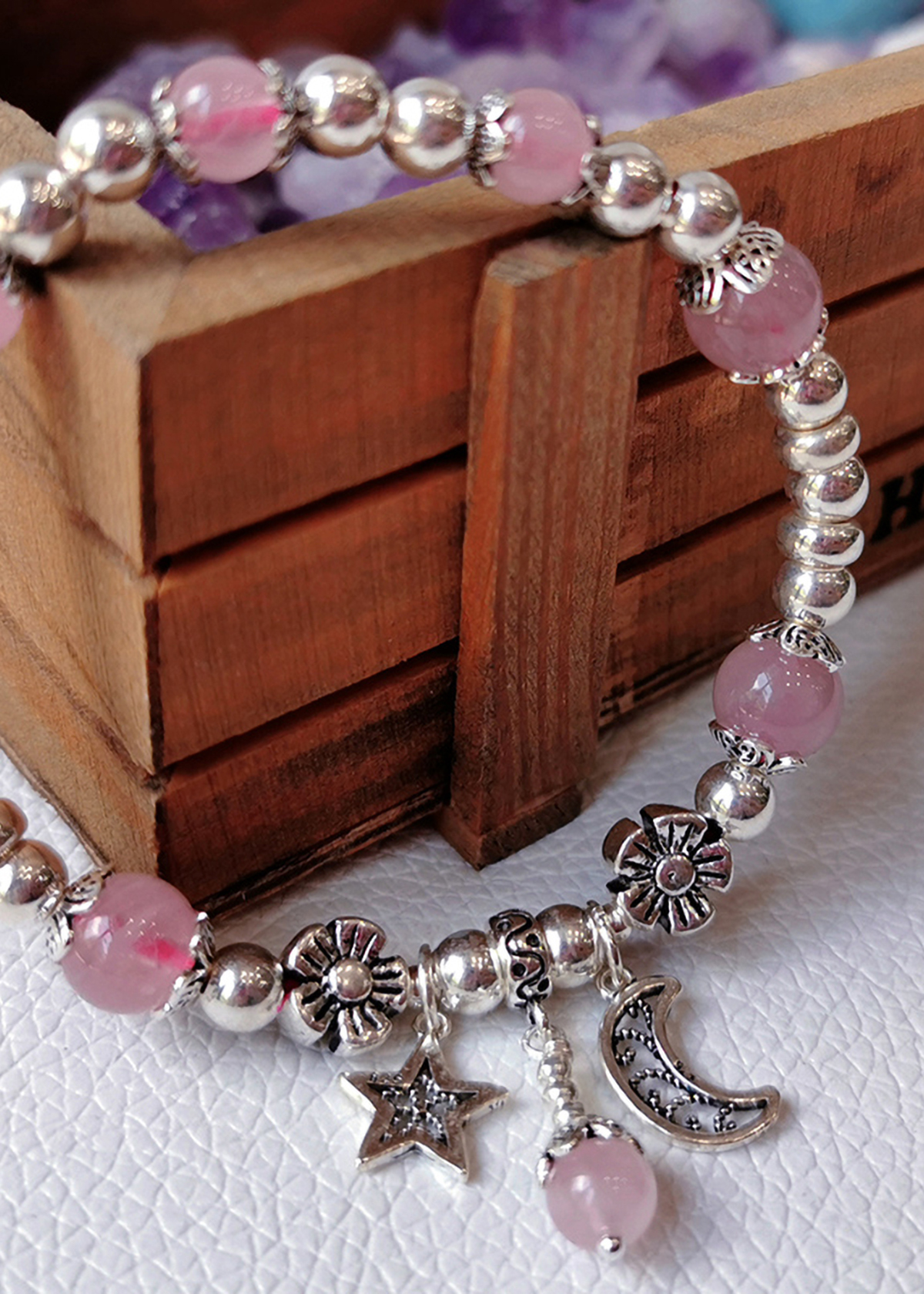Vòng tay đá thạch anh hồng phối charm trăng sao mệnh hỏa, thổ - Ngọc Quý Gemstones