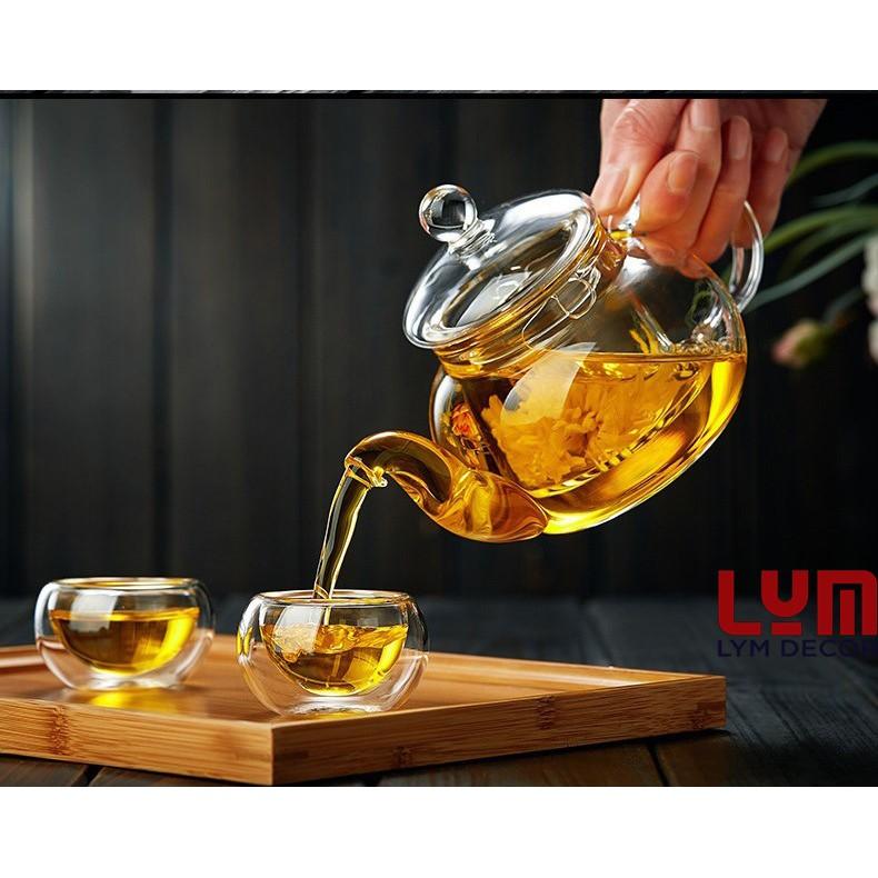Bộ 1 Ấm trà trơn 600ml và 6 cốc uống trà 2 lớp, thủy tinh chịu nhiệt - Hàng xuất châu Âu