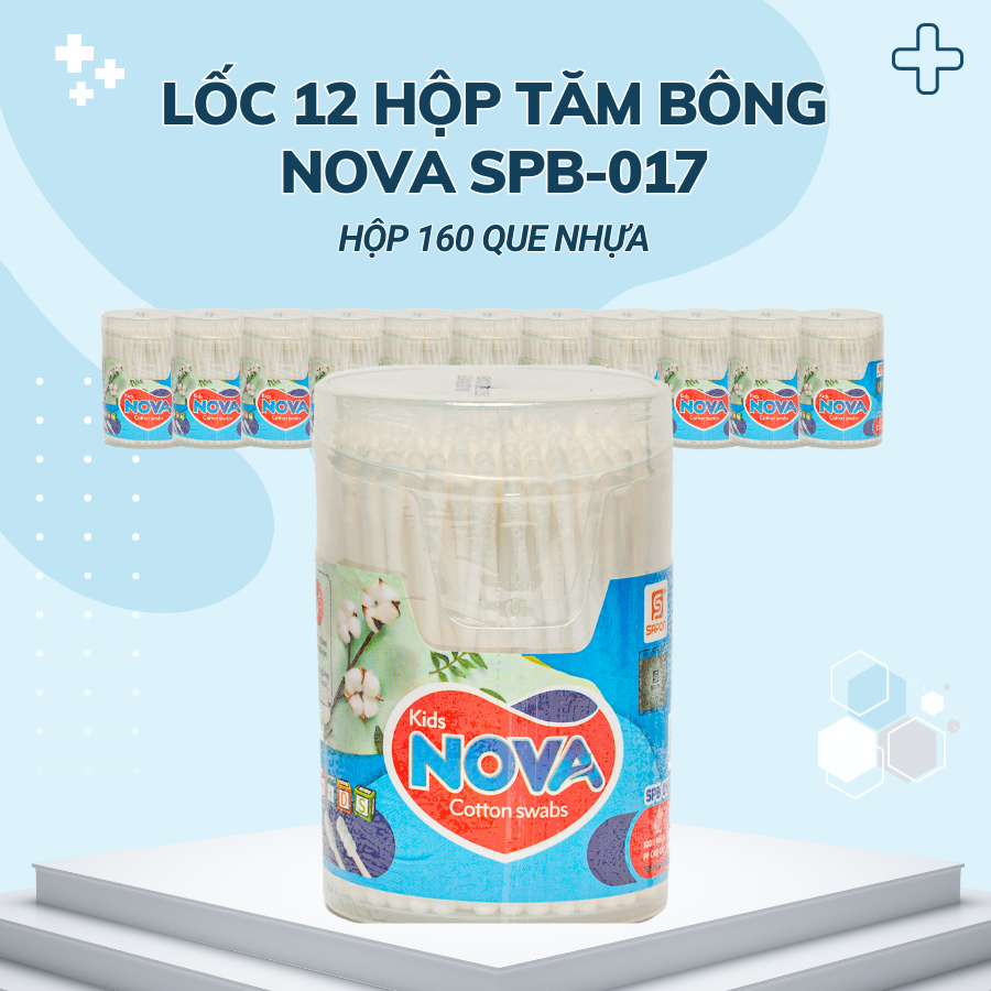 Lốc 12 hộp Tăm bông Nova trẻ em thân nhựa hộp vát 160 que SPB-017