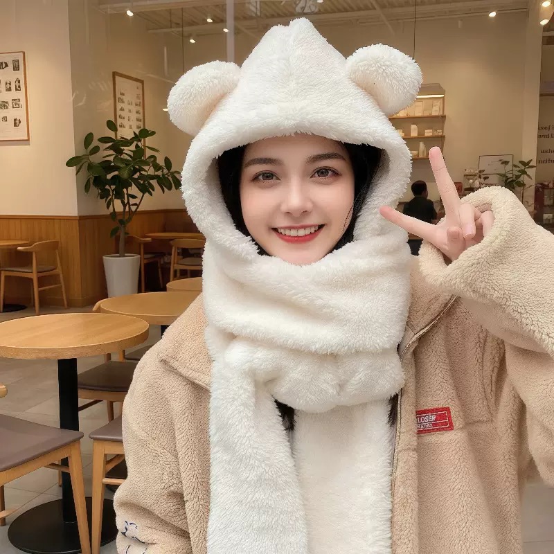 Mũ khăn quàng cổ mũ lông gấu có găng tay thời trang siêu dễ thương giữ ấm dành cho nữ