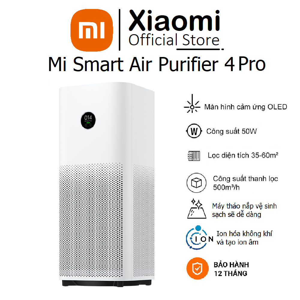 Máy lọc không khí Xiaomi Mi Smart Air Purifier 4 Pro , Tạo ion, Diện tích lọc lớn 60m2 Bản Quốc Tế - Hàng chính hãng