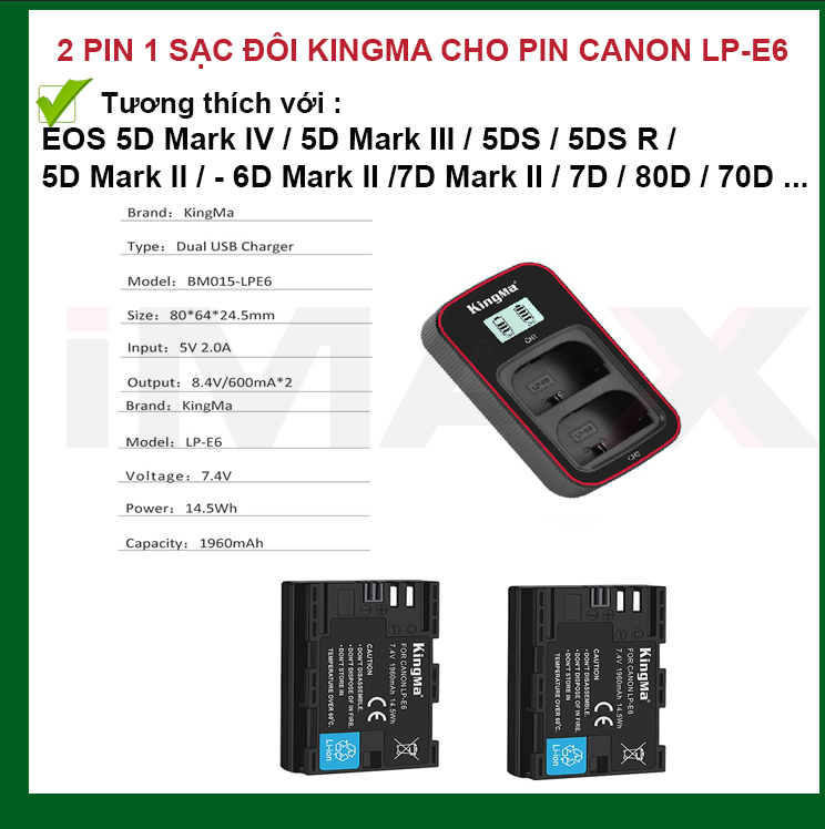 BỘ 2 PIN 1 SẠC ĐÔI VER 2 KINGMA CHO CANON LP-E6 - HÀNG CHÍNH HÃNG