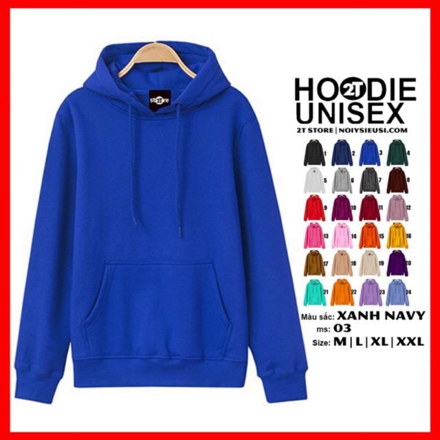 Áo hoodie unisex 2T Store H03 màu xanh dương navy khoác nỉ chui đầu nón 2 lớp dày dặn chất lượng đẹp