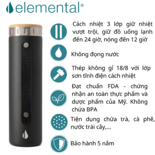 [Hàng chính hãng – Thương hiệu Mỹ] Bình giữ nhiệt Elemental Iconic màu đen 590ml, giữ nhiệt vượt trội, inox 304, FDA Hoa Kì, An toàn sức khỏe, có lưới lọc