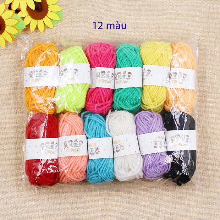 Set 12 cuộn len mix màu để làm đồ handmade, trang trí, làm đồ chơi mầm non