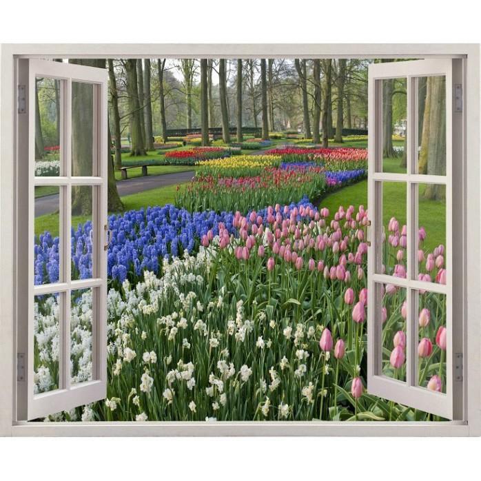 Tranh dán tường cửa sổ 3D cảnh đẹp vườn hoa 0057