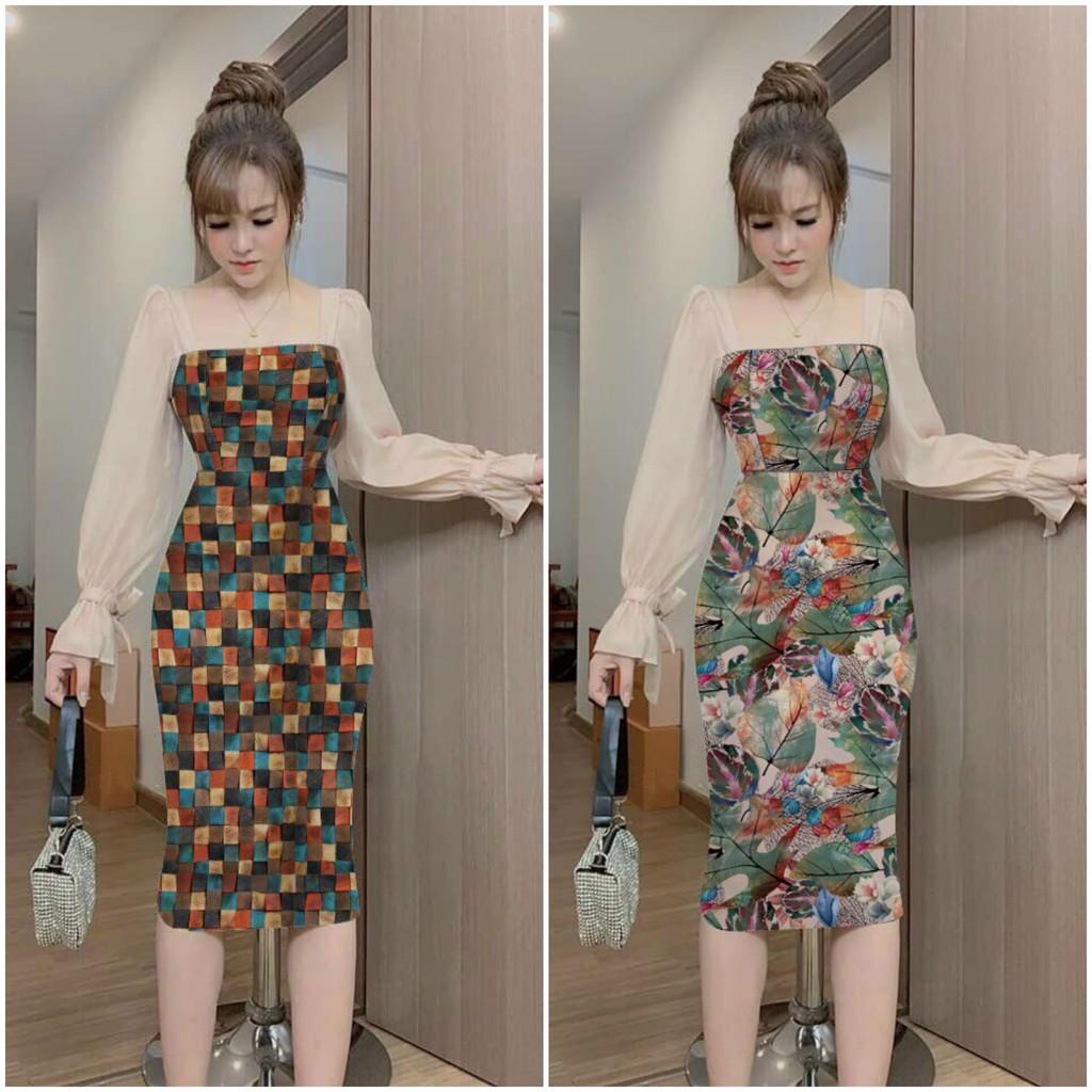Đầm body dài hoạ tiết phối tay voan sang trọng