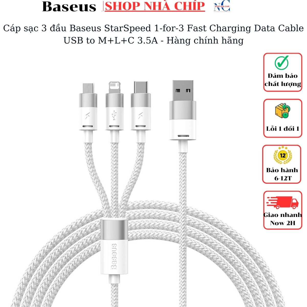 Cáp sạc 3 đầu Baseus StarSpeed 1 for 3 Fast Charging Data Cable USB to M+L+C 3.5A - Hàng chính hãng