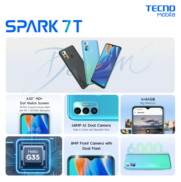 Điện Thoại TECNO Spark 7T (KF6P) 4GB/64GB - Camera 48MP | 6000 mAh | Helio G35 | Hàng Chính Hãng - Hàng Chính Hãng