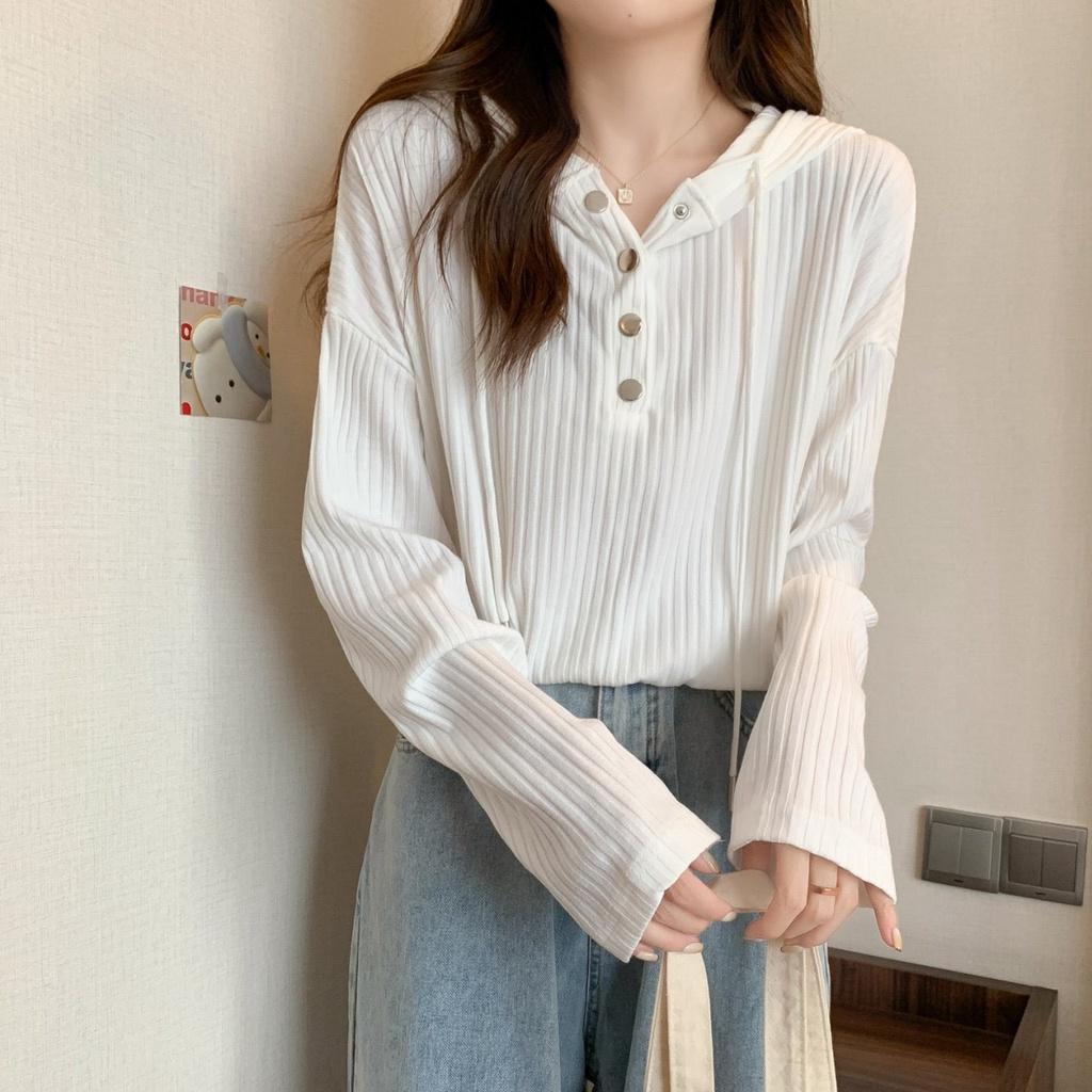 Áo Hoodie Nữ Mỏng Vải Nhung Thun Dài Tay Cúc Bấm