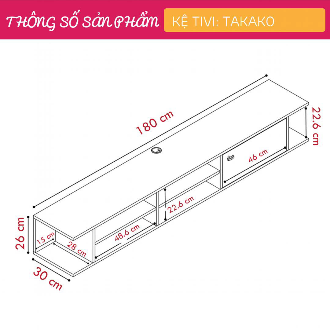 Kệ tivi gỗ hiện đại SMLIFE Takako  | Gỗ MDF dày 17mm chống ẩm | D180xR30xC26cm