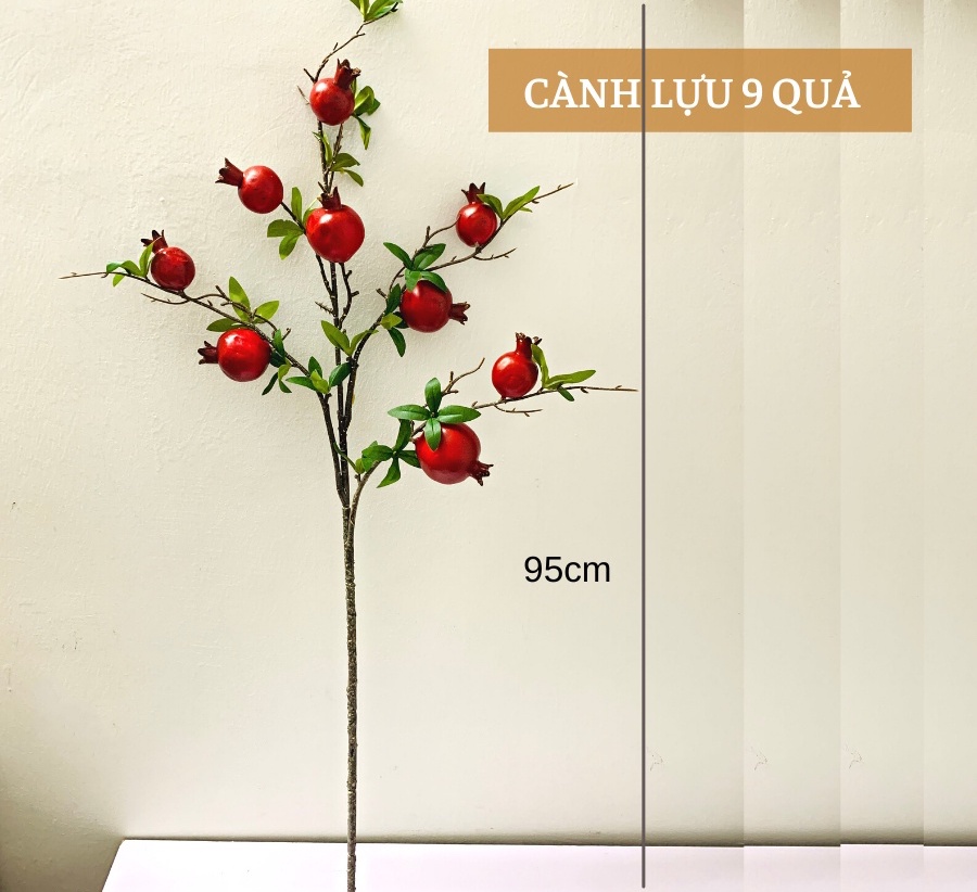 Cành lựu giả - 09 quả 02 hoa - Dài 100 cm - Màu cam, đỏ - Quả to 5 cm, quả nhỏ 4 cm - Cây giả, hoa lụa Decor trang trí nhà cửa