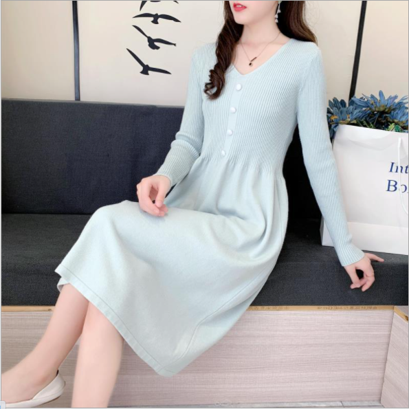 Đầm nữ, đầm len nữ dài tay phối cúc xinh xắn Al77
