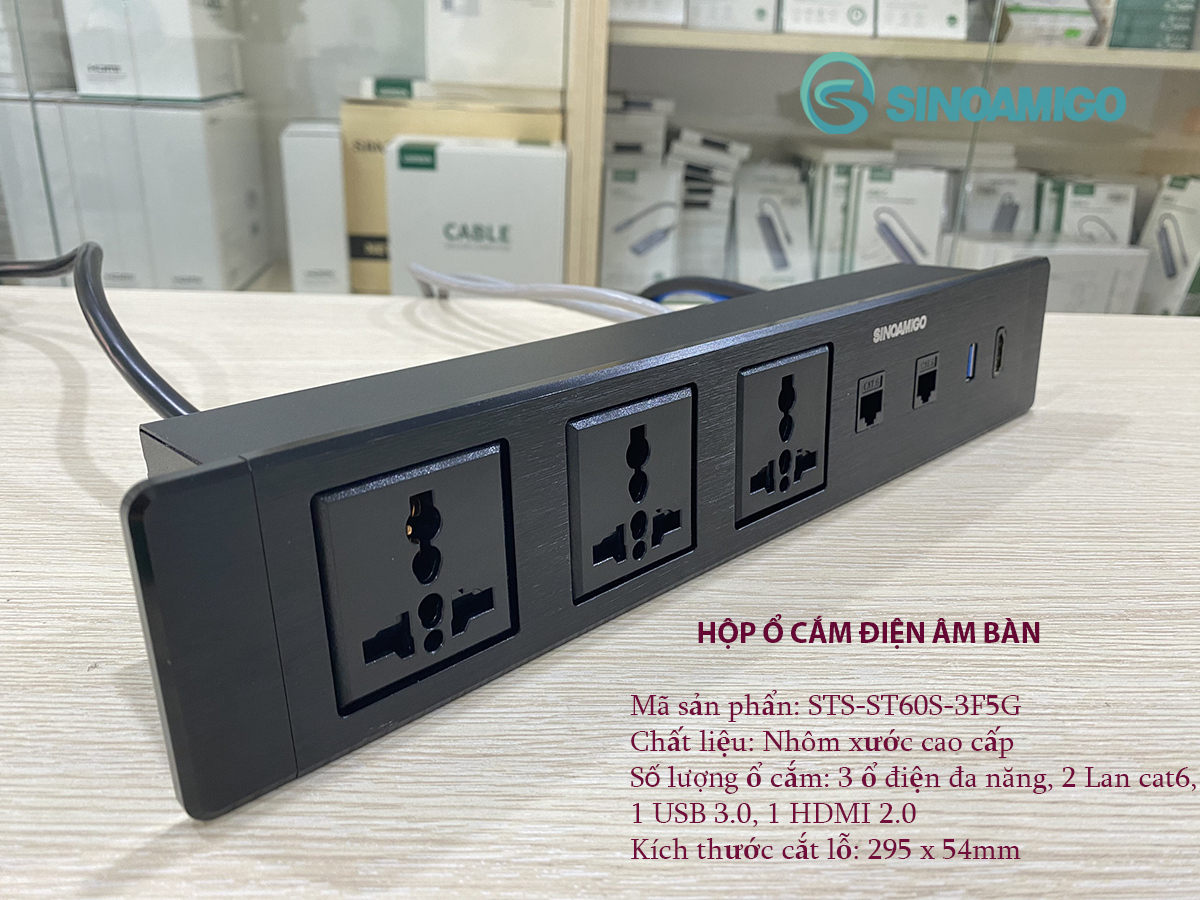 Hộp ổ cắm âm bàn Sinoamgo STS-ST60S-2F5G, chất liệu nhôm xước cao cấp, tích hợp 3 ổ cắm điện, 2 lan cat6, HDMI, USB 3.0 - Hàng chính hãng