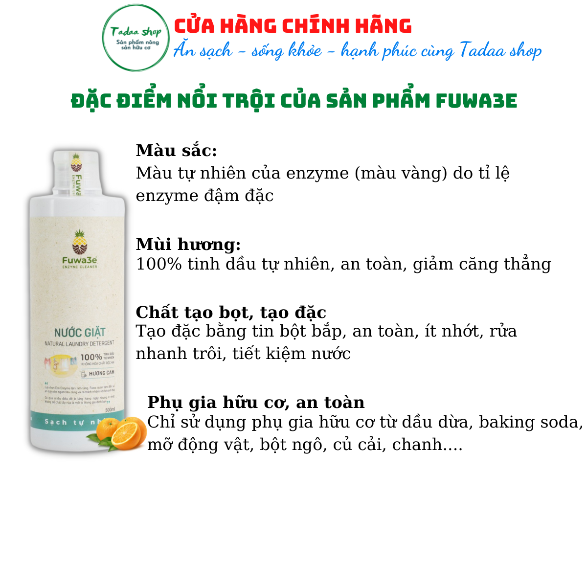 Nước giặt hữu cơ Organic Fuwa3e hương cam sạch nhanh tiết kiệm nước, không hại da tay chai 500ml