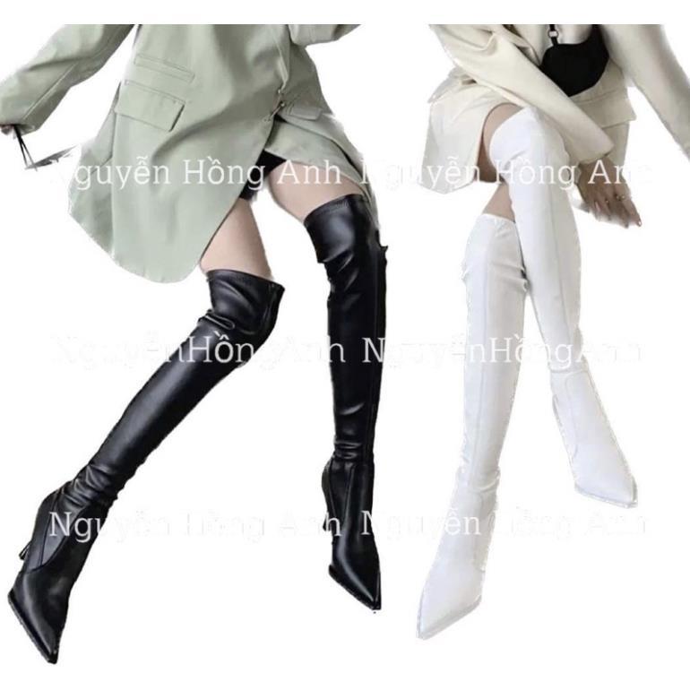 Hàng cao cấp Bốt  Đùi da lì mũi nhọn kéo khoá sau gót cao 7p  cho nữ