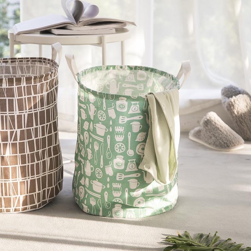 Sọt vải đựng đồ gấp gọn tiện dụng HOẠ TIẾT dễ thương hình trụ có tay cầm - Giỏ vải đựng đồ đa năng Vintage size lớn