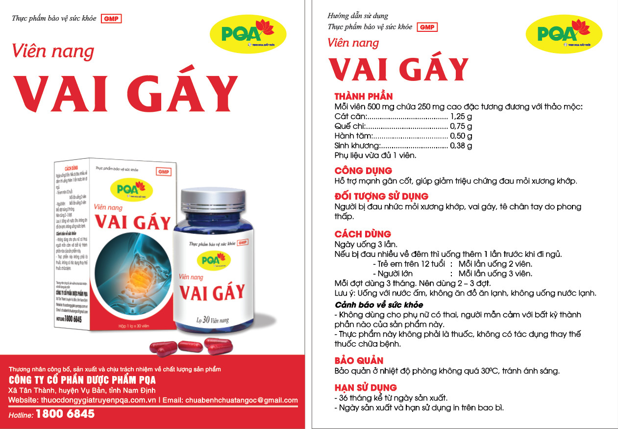 PQA Viên nang Vai Gáy là dược phẩm thảo dược hỗ trợ mạnh gân cốt, hạn chế triệu chứng đau mỏi xương khớp cho người bị đau nhức mỏi xương khớp, vai gáy, tê chân tay do phong thấp.