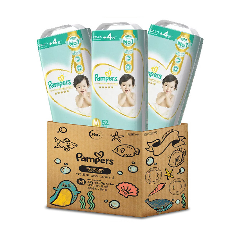 Thùng 3 Gói Tã/ Bỉm Dán PAMPERS Nhật Thượng Hạng, Size NB(70 miếng, dưới 5kg)/ S(64 miếng, 4-8kg)/ M(52 miếng, 6-12kg)/ L(42 miếng, 9-14kg), Siêu Mềm Mịn & Thoáng Khí 