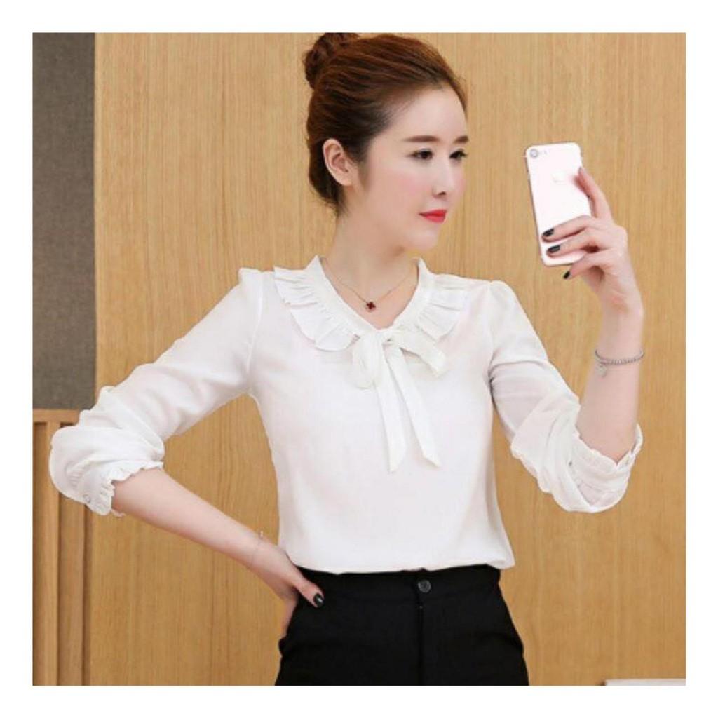 Áo công sở tay dai cổ xếp bèo cột nơ xanh