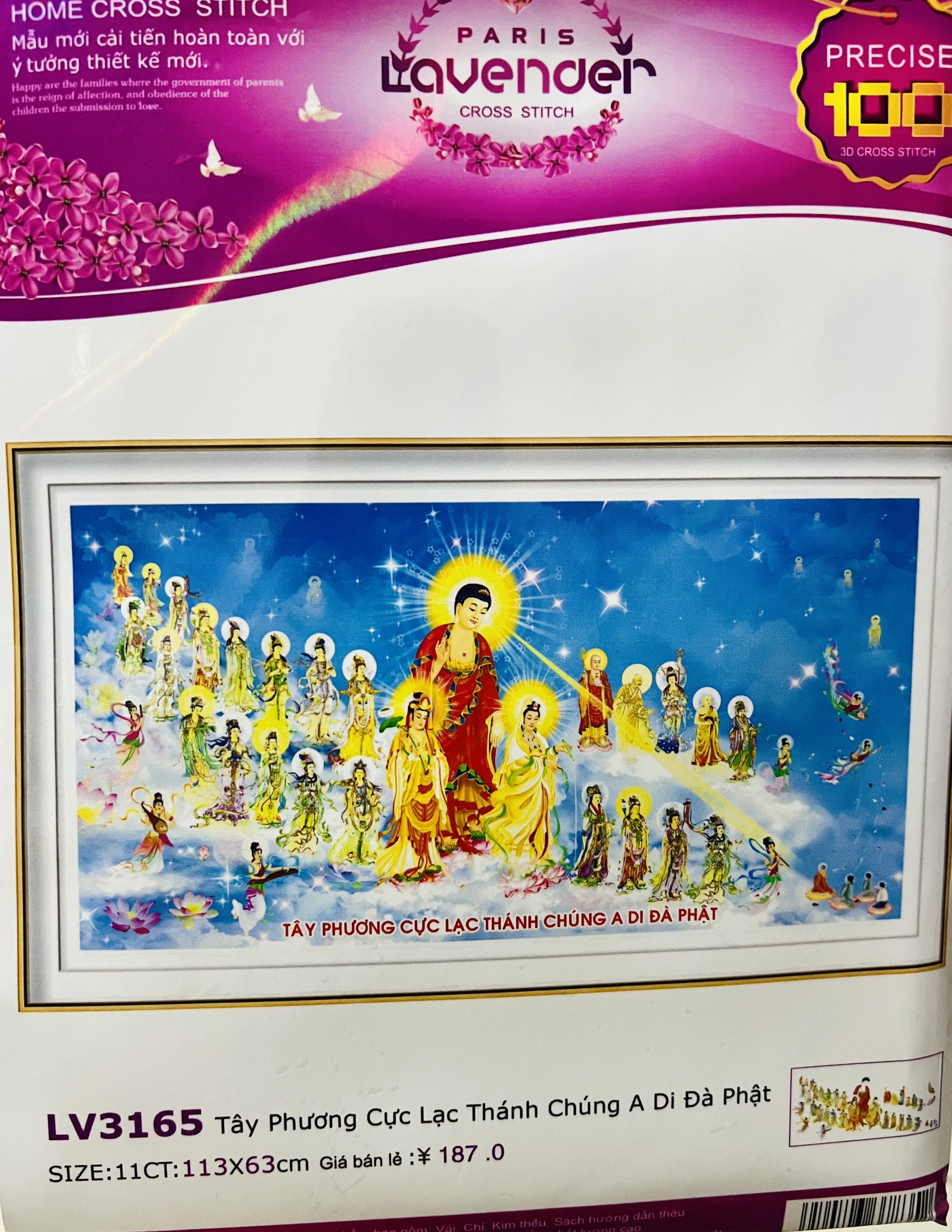 Tranh thêu Tây phương cực lạc thánh chúng a di đà phật LV3165, kích thước 113 x 63 cm