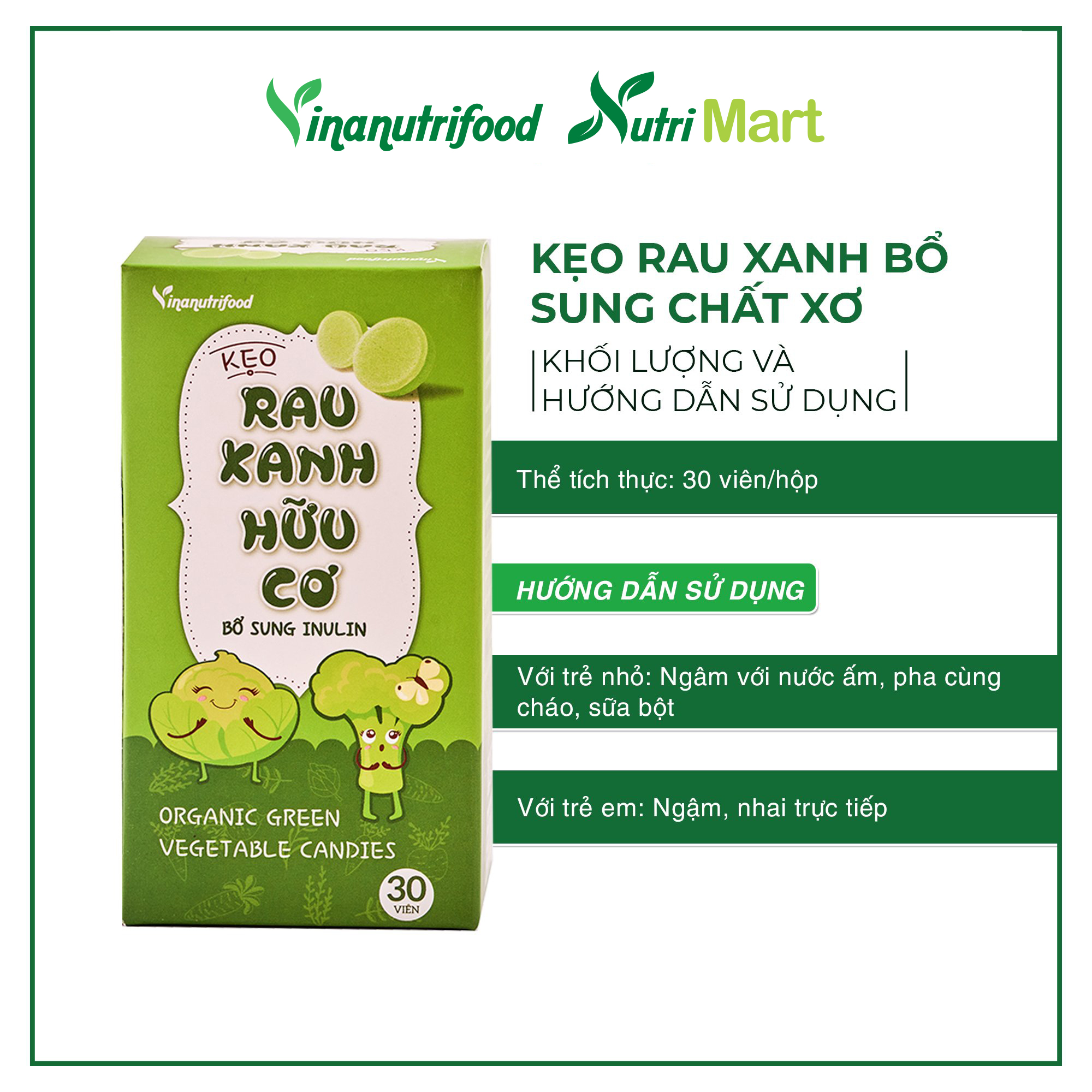 Kẹo rau xanh Vinanutrifood bổ sung chất xơ thành phần từ rau xanh, sữa bò cô đặc, đường ăn kiêng Isomalt, bổ sung tinh chất rau củ chứa vitamin và khoáng chất xơ, có lợi cho tiêu hóa, phù hợp với bé lười ăn rau, hộp 30 viên