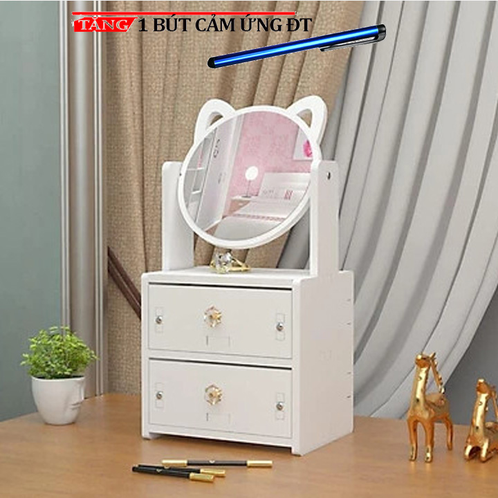 Tủ đựng mỹ phẩm mini, trang sức 2 ngăn kéo kèm gương hình tai mèo CG84 Tặng bút cảm ứng ĐT