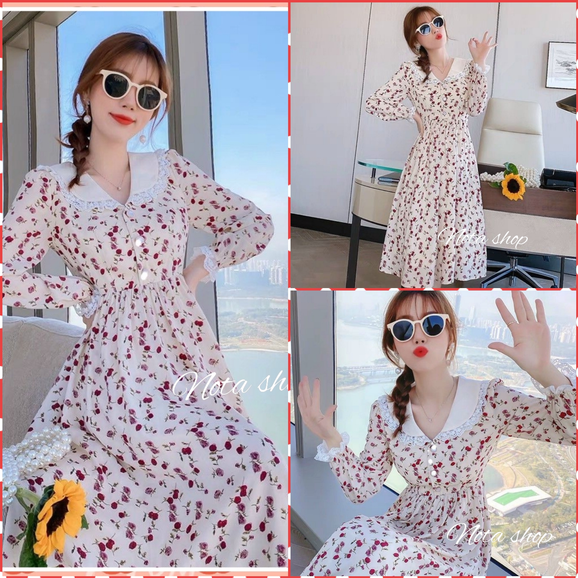 Đầm hoa nhí trẻ trung phong cách Hàn quốc, ĐẦM HOA TAY DÀI CỔ VIỀN REN