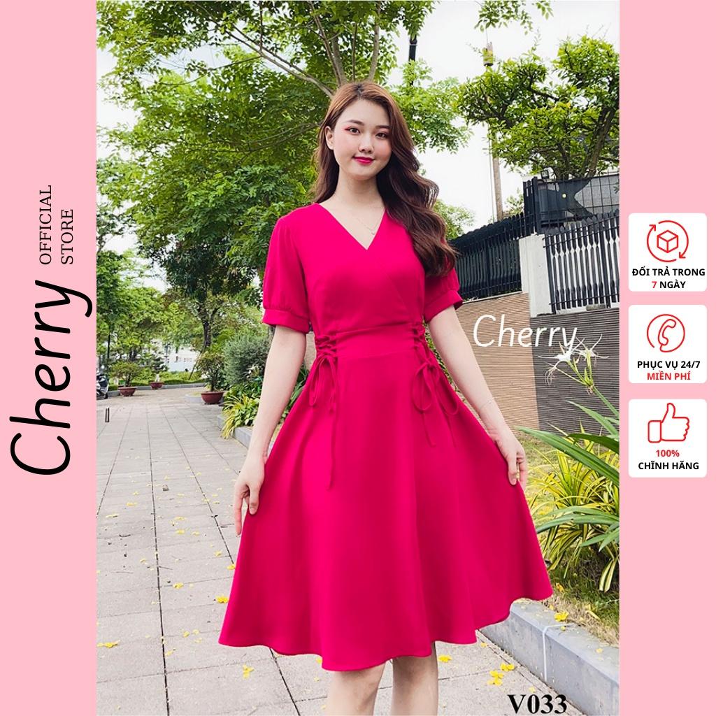 Đầm nữ công sở thiết kế chân váy dáng xòe Cherry váy nữ cổ tim ngắn tay thiết kế buộc eo đẹp đơn giản Cherry V033